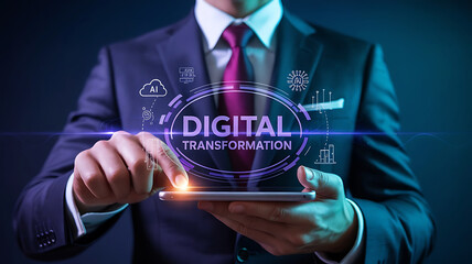 Businessman interacting with a holographic digital transformation interface on a modern smartphone