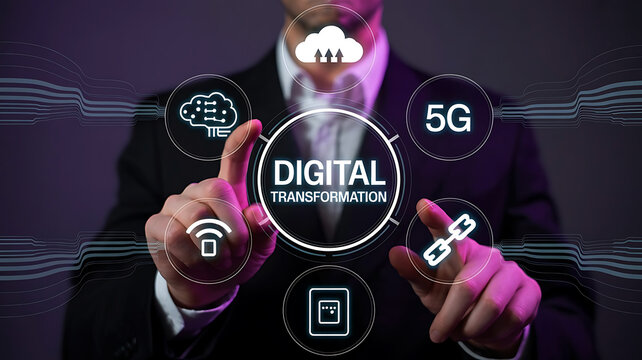 Businessman interacting with digital technology and futuristic interface displaying cloud computing and 5g connectivity