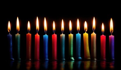 A vibrant array of colorful candles glows warmly against a dark background, creating a sense of celebration and quiet reflection.