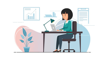 Businesswoman working on laptop, vector illustration for website or presentation.