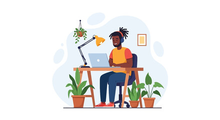 Happy man working from home on laptop, perfect for remote work blogs or websites.