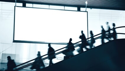 Busy commuters ascending escalator, blank billboard