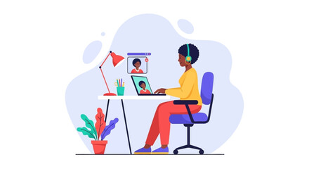 Woman having a video conference call, perfect for websites and presentations about remote work, communication, or online education.
