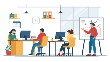 Modern office workers collaborating on a project, perfect for website banners or business presentations.