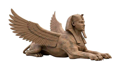 The imposing stone sphinx statue stands proud with large, feathered wings.