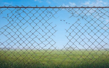 Weathered chain-link fence overlooks a grassy field
