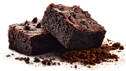 Two chocolate brownies with chocolate chips next to crumbs isolated on a white background