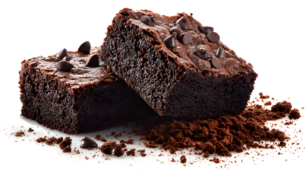 Two chocolate brownies with chocolate chips next to crumbs isolated on a white background