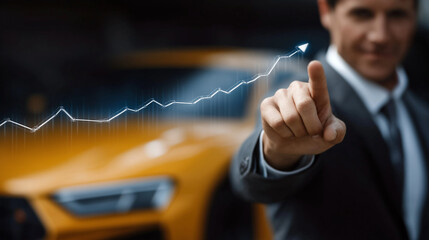 Business Growth with Automobile: A focused entrepreneur, sharp dressed, uses touch screen to monitor upward trends in automotive industry.