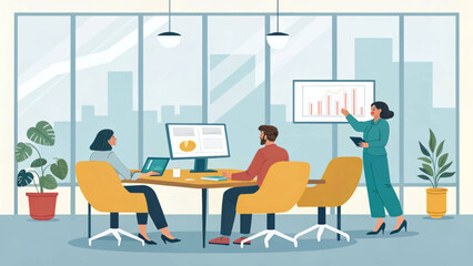 Modern business team meeting in a bright office, perfect for website banners or presentations.