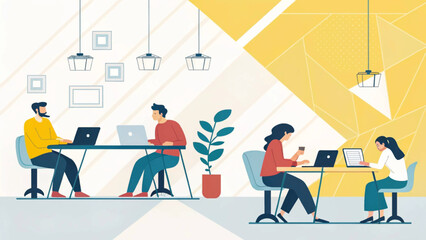 Modern co-working space illustration: Diverse team collaborating on laptops, perfect for website banners or brochures.