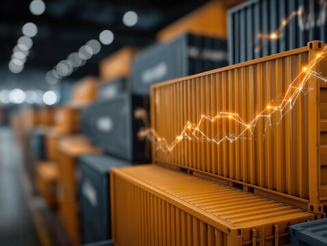 Global Trade Network: A dynamic image depicts a freight yard, with shipping containers stacked in perfect alignment, symbolizing the global trade network with a rising graph overlay.
