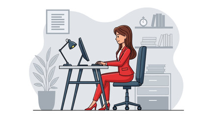Woman working at computer in modern office - perfect for website banners, business presentations, and marketing materials.