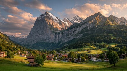 Fototapeta premium Majestic mountain sunrise swiss alps landscape photography serene environment wide angle view nature's beauty