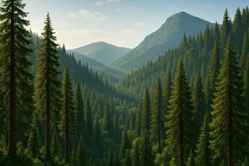 Fototapeta premium Dense coniferous forest covering mountain slopes with evergreen trees creating pristine wilderness landscape during daylight