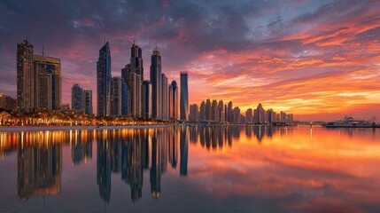 Stunning sunset reflections over dubai's skyline urban landscape evening view vibrant colors serene atmosphere for photography enthusiasts