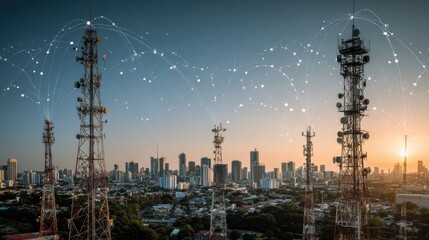 Telecommunication towers connecting cities urban skyline photography evening aerial view modern connectivity