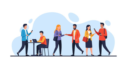 Diverse group of young adults using smartphones and laptops, ideal for website banners or app interfaces.