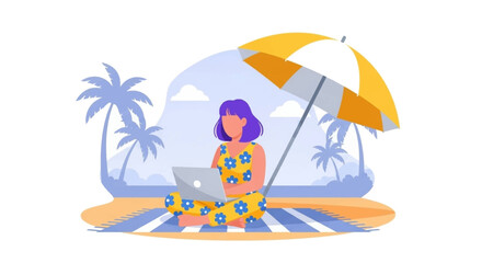 Woman working on laptop on tropical beach, perfect for travel blog or remote work articles.