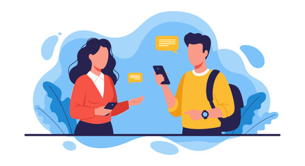 Young man and woman using smartphones, chatting and sharing information. Perfect for websites, apps, and presentations about mobile communication.