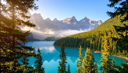 Banff's serene lake view in early light.