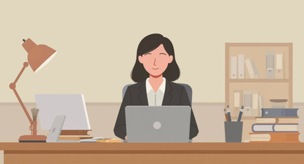 Smiling businesswoman working on laptop at her desk, perfect for website banners or business presentations.