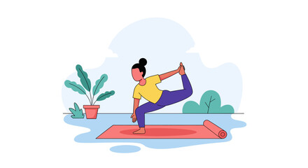 Woman practicing yoga at home, perfect for wellness websites or brochures.