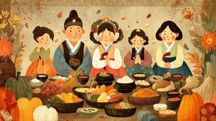 Celebrating traditional korean feast with family south korea illustration autumn warm atmosphere cultural significance