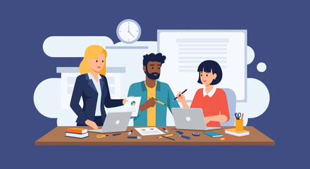 Diverse team collaborating on project, perfect for website banners or business presentations.