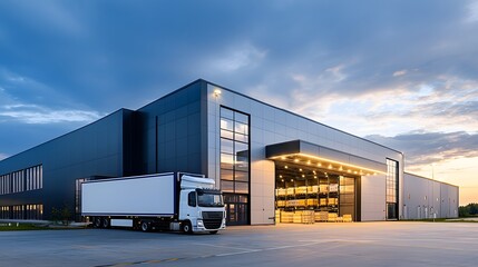 Obraz premium Modern logistics facility with trucks and loading docks at sunrisesunset