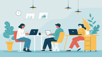 Teamwork in a modern office: Illustration of three colleagues collaborating on laptops, perfect for websites or presentations.