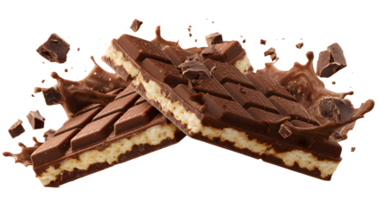 Waffle chocolate bar crushed in the air isolated on a white background