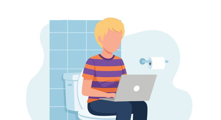 Person working on laptop while sitting on toilet, illustration for website or blog post about work-life balance.