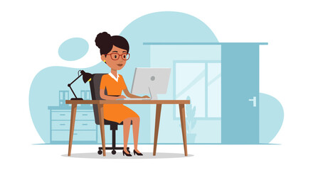 Illustration of a businesswoman working at her desk, perfect for websites, presentations, or brochures related to business, work, or office life.