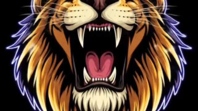 Fierce Roaring Lion Head with Electric Blue Neon Outline, Powerful Animal Art for Gaming and Branding