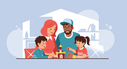 Happy family playing with building blocks together at home. Ideal for blogs, websites, and family-themed publications.