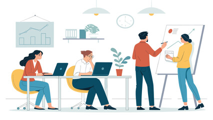 Teamwork in a modern office:  Illustrative scene perfect for websites, presentations, and marketing materials.