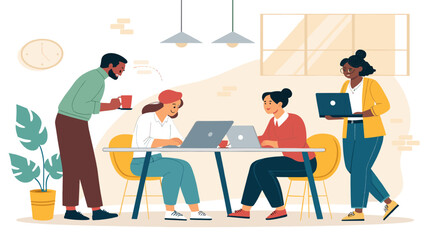 Diverse team collaborating on laptops in a modern office, perfect for illustrating teamwork and productivity on a company website or brochure.