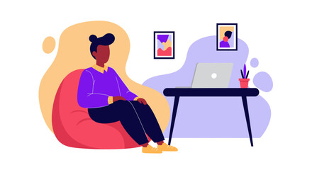 Person relaxing in beanbag chair with laptop, ideal for website banners or blog posts about remote work, comfort, or wellbeing.