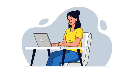 Happy woman working on laptop, perfect for website banners or blog illustrations.