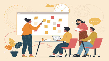 Diverse team brainstorming ideas on whiteboard, perfect for project management or teamwork website.