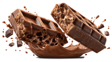 Waffle chocolate bar crushed in the air isolated on a white background