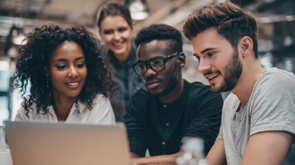 Collaborative learning session among young professionals in modern office engaging discussion urban environment close-up view