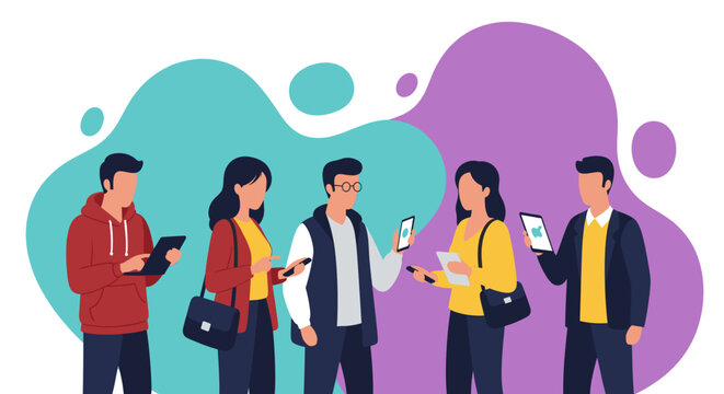 Diverse group of people using mobile devices and tablets, perfect for website banners or app marketing.