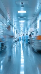 Fototapeta premium Blurred background of a hospital interior with medical equipment and people in motion Blurred view of a hospital corridor with staff.