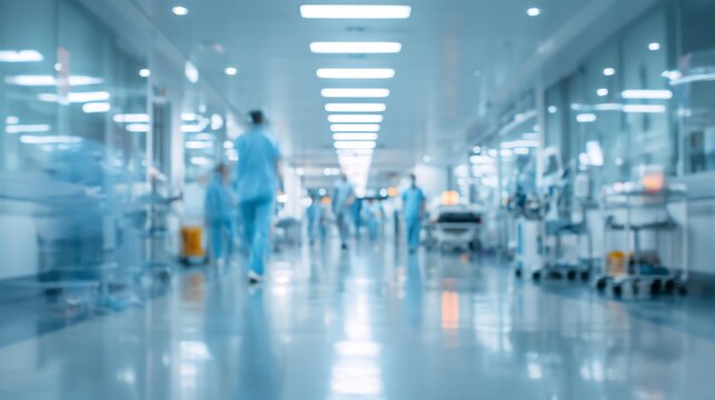 Blurred background of a hospital interior with medical equipment and people in motion Busy hospital corridor with medical staff.