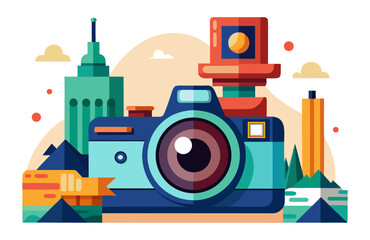 A modern flat-design illustration of a camera and flash surrounded by abstract city buildings and geometric shapes, representing photography and urban creativity.