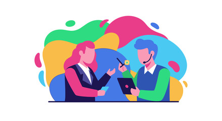 Abstract illustration of two businesspeople collaborating, ideal for presentations or website banners.