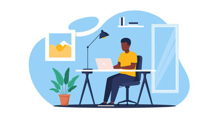 African American man working on laptop at home office, perfect for websites or blog posts about remote work.