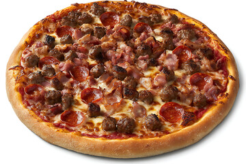 Indulgent meat lover's pizza piled high with pepperoni, sausage, and bacon, perfectly baked with melted cheese for ultimate satisfaction.